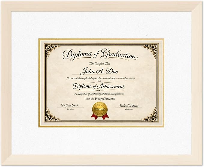 Diploma Frame Coastal Whitewash with Oyster Shell Over Gold Double Mat - Fits 11.69 x 8.27 A4 Certificate Wall Display Made in the USA