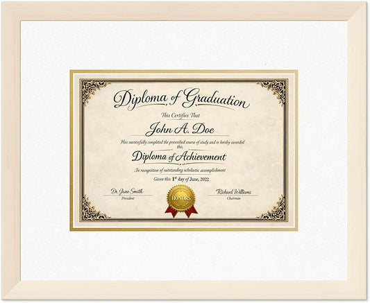 Diploma Frame Coastal Whitewash with Oyster Shell Over Gold Double Mat - Fits 11.69 x 8.27 A4 Certificate Wall Display Made in the USA