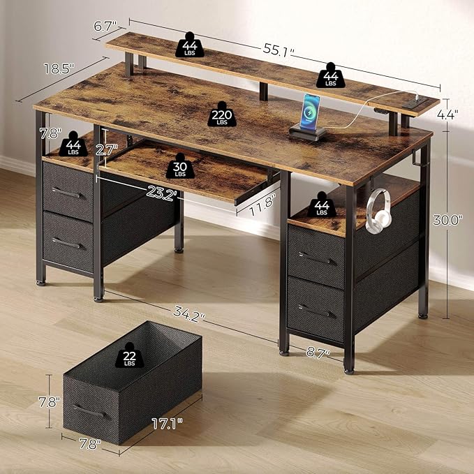 Seventable Computer Desk 55.1" with LED Lights & Power Outlets, Home Office Desk with 4 Drawers, Writing Desk with Keyboard Tray, Study Table with Monitor Stand, Work Table for Office, Rustic Brown