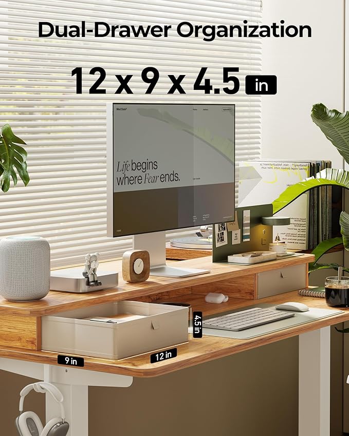 FEZIBO 55 x 24 Inch Height Adjustable Electric Standing Desk with Double Drawer, Stand up Desk, Home Office Computer Workstation with 4 Height-Adjustable Feets & 2 Hooks, Light Rustic