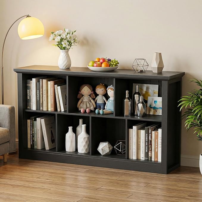 Unikito 7 Cube Storage Book Shelf - 50" Wide Wood Cube Storage Organizer, Wooden 2 Tiers Floor Standing Low Bookcase for Living Room, Bedroom, Home Office, Kids Room