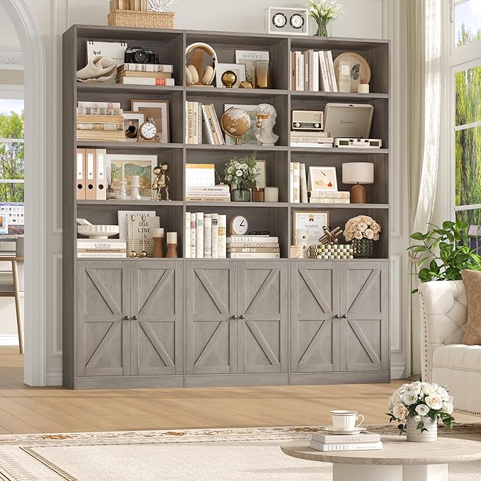 FACBOTALL 75" Triple Wide Bookshelf, Bookshelf and Bookcase with 6 Farmhouse Doors, 71" Wide 6 Tier Book Shelf with 18 Storage Shelves, Large Wooden Bookshelves, Tall Bookcase for Home Office, Gray