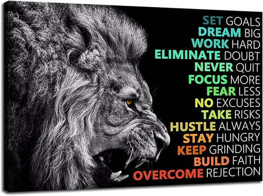 Inspirational Lion Wall Art Picture Positive Affirmation Quotes Office Wall Decor Motivational Painting Poster Print on Canvas Wall Artwork for Living Room Bedroom Framed Ready to Hang[12''W X 18''H]