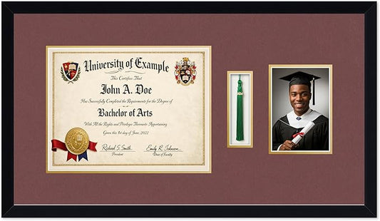 CountryArtHouse Diploma Tassel and Photo Shadowbox Fits 13 x 10 College Diploma (Traditional) with Tasse Matte Black Genuine Hardwood with Dark Red Over Metallic Gold Double mat