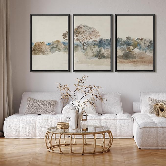 SIGNFORD Framed Wall Art Print Set Pastoral Elegance Soft Watercolor Trees and Fields Illustrations Modern Decorative Multicolor Relax/Calm Chic for Living Room, Bedroom, Office - 16"x24"x3 Black