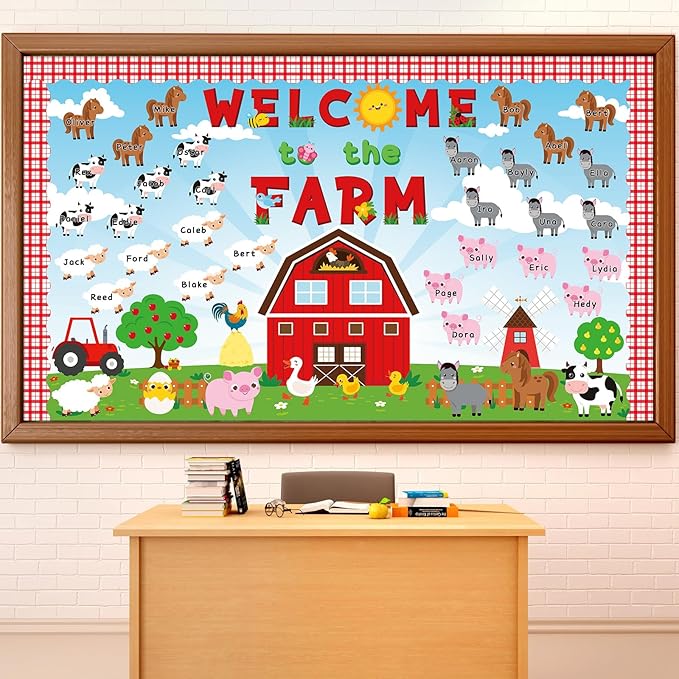 gisgfim Farm Animals Bulletin Board Decorations with Background Welcome to The Farm Paper Cutouts Barnyard Farm Back to School Bulletin Board Set for School Classroom Chalkboard Wall Decor Supplies
