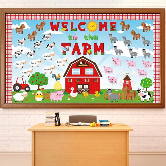 gisgfim Farm Animals Bulletin Board Decorations with Background Welcome to The Farm Paper Cutouts Barnyard Farm Back to School Bulletin Board Set for School Classroom Chalkboard Wall Decor Supplies