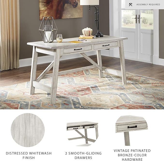Signature Design by Ashley Carynhurst Farmhouse Large Leg Home Office Desk, 2 Storage Drawers, Vintage Bronze Hardware, Wood, 60.25" Wide, Antique White