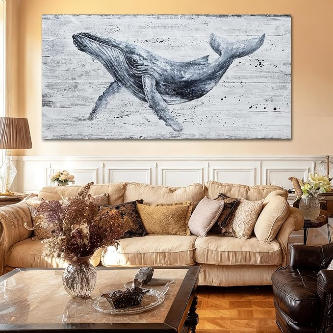 Large Whale Wall Art Monochrome Abstract Sea Life Canvas Posters print Contemporary Coastal Artwork for Living Room Office Bedroom Decor 29x58inch