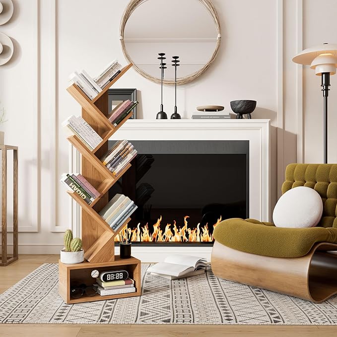 YMYNY 6 Tier Tree Bookshelf, Tall Bookcase, Wood Book Storage Rack with Drawer, Modern Floor Standing Book Shelf for Books/Movies/CDs, Utility Organizer for Living Room,Light Oak UHBC016K
