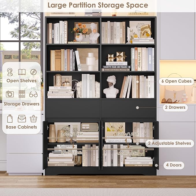 FINETONES 69" Black Bookshelf with Doors, 47.2" Double Wide Bookshelves and Bookcases with Storage, Tall Bookshelf Large Open Book Shelf Standing Book Case for Home Office, Black