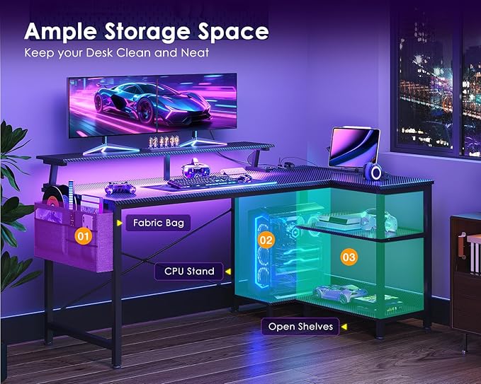 ODK 48 Inch Gaming Desk with USB Charging Ports and LED Lights, Reversible L Shaped Computer Desk with Storage Shelves & Monitor Stand, Corner Gamer Desk Table with Power Outlets, Black