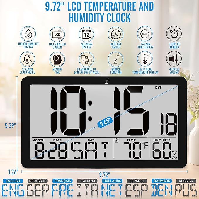 TXL Large Display Digital Wall Clock, Battery Operated with Temperature & Humidity, Auto DST, Date & Weekday, Easy Set Alarm, for Living Room, Bedroom, Office & Classroom (Black)