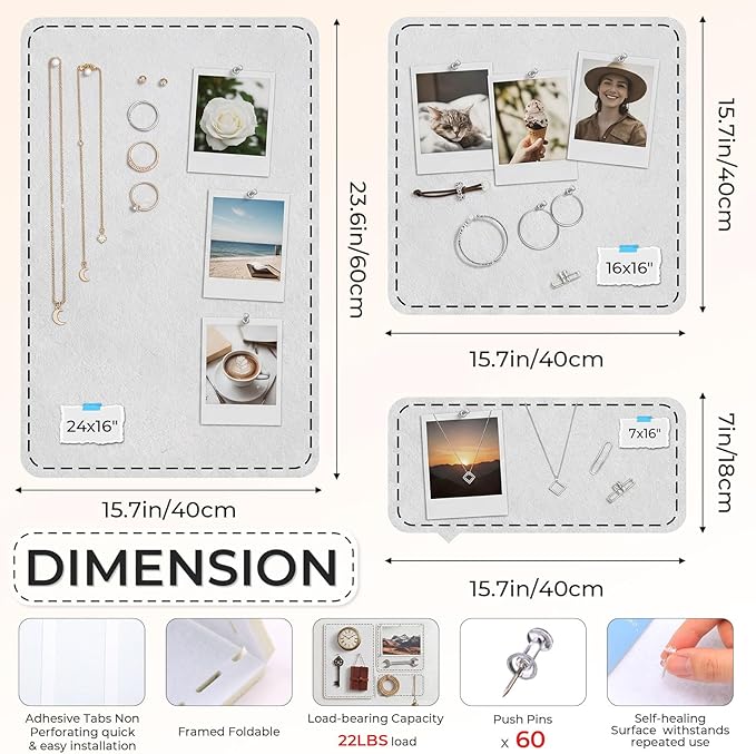 3 Pack Large Felt Bulletin Boards 24"/16"/7"x 16" Foldable Picture Vision Board for Office Wall Frameless Cork Board with 60 Push Pin for Home, Kitchen, Wall Pin Boards(White)