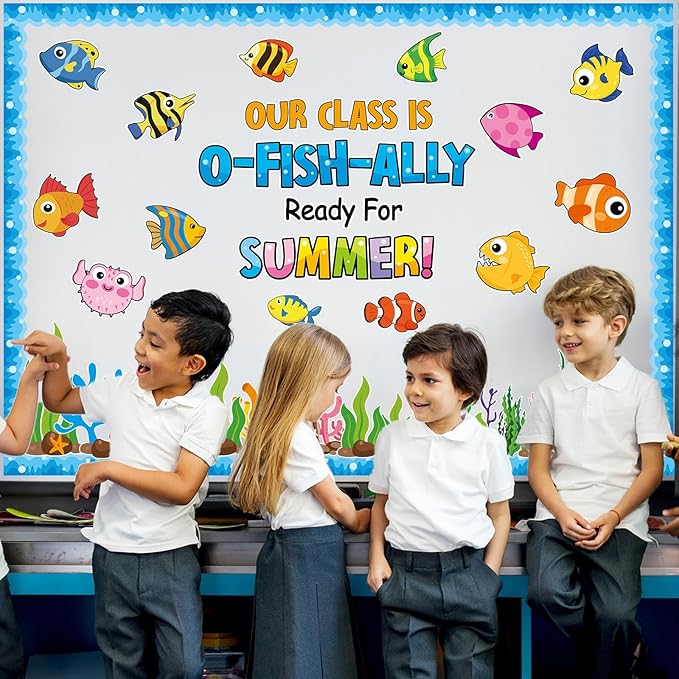 Summer Ocean Sea Bulletin Board Decorations O-Fish-Ally Ready for Summer Theme Classroom Back to School Bulletin Board Border Set Tropical Marine Fish Paper Cutouts for School Home Decor