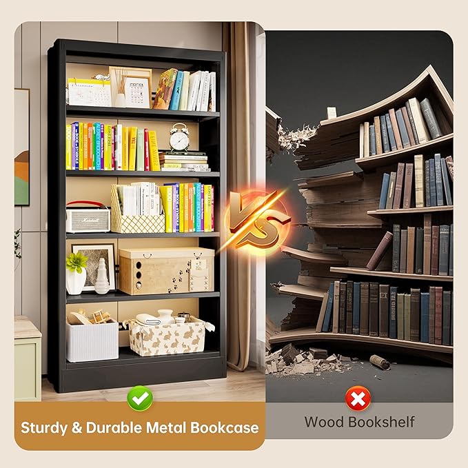5-Tier Bookcase with Adjustable Storage Shelves, Heavy Duty Bookcase, Metal Bookshelf with Book Stopper, Black Bookcase Shelf for Library, Office, Living Room