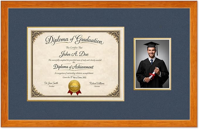 Diploma Frame With Photo Opening Honey Oak Navy Blue Over Gold Mat - Fits 13 x 10 Degree and Picture Made in the USA