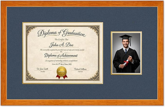 Diploma Frame With Photo Opening Honey Oak Navy Blue Over Gold Mat - Fits 13 x 10 Degree and Picture Made in the USA