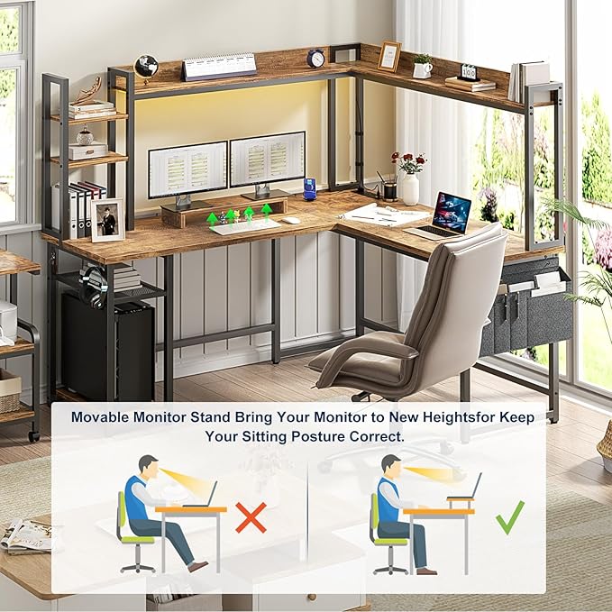 Aheaplus L Shaped Gaming Desk, Reversible L Shaped Desk with Power Outlet and Led Lights, Gaming Desk Corner Computer Desk with Hutch, Monitor Stand and Storage Bag for Home Office, Rustic Brown