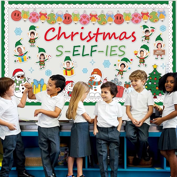 Christmas Elf Bulletin Board Decorations Set Xmas Elf DIY Photo Crafts for Kids Winter Snowman Xmas Ball Elf Cutouts for Classroom Wall Decor Holiday Festival Party Classroom Office School Wall Door