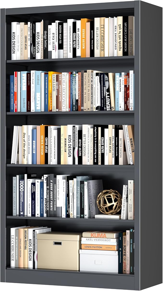 Bookcase, 5 Tier Bookshelves, 14" Deep Book Case for Book/Decor/CD/Movie, Metal Adjustable Book Shelf, 66" Tall Modern Bookshelf for Bedroom Living Room Home Office School (Black, 66"Hx33"Wx14"D)