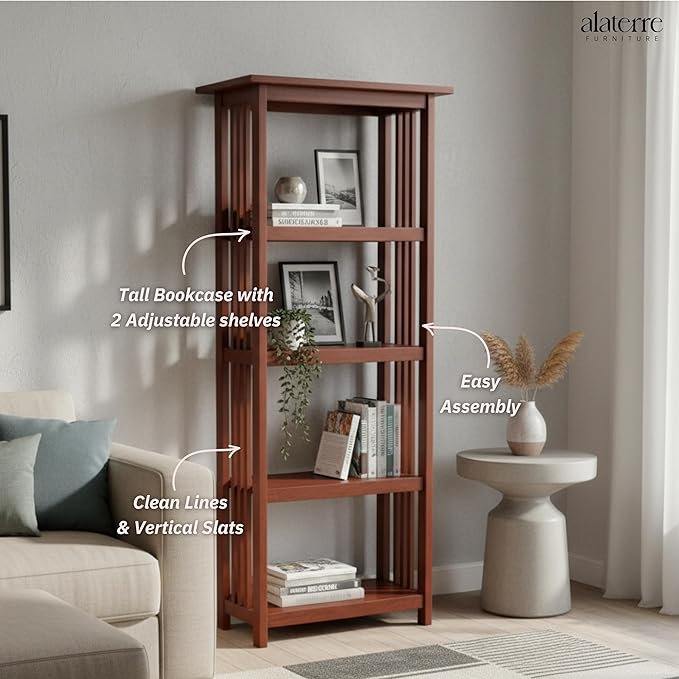 Alaterre Furniture Mission 4-Tier Bookcases with Adjustable Shelves – Mid-century Modern 60-Inch Wood Bookshelf for Living Room, Bedroom or Home Office (Cherry)