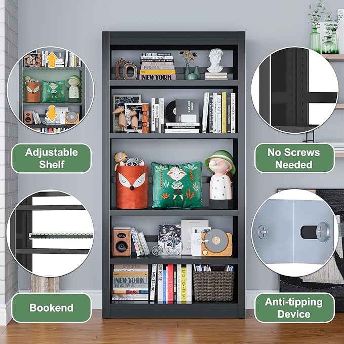 Bookcase, 5-Shelf Heavy Duty Metal Bookcase, Adjustable Bookshelf with Large Capacity, Book Shelf for Home Office, Living Room, Garage