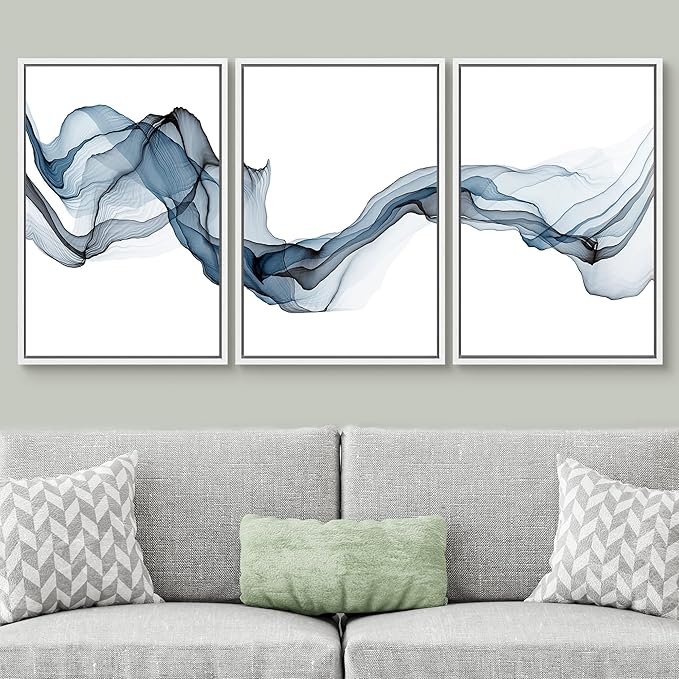 SIGNWIN Framed Canvas Print Wall Art Flowing Blue Smoke Abstract Shapes Digital Art Modern Art Minimalist Relax/Calm Cool for Living Room, Bedroom, Office - 16"x24"x3 White