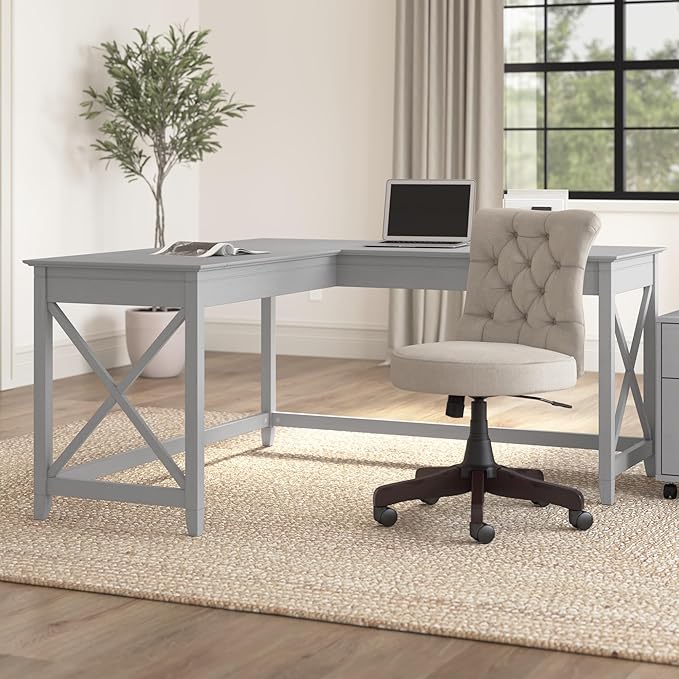 Bush Home Key West 60W Modern Farmhouse L Shaped Desk in Cape Cod Gray, 60-Inch Corner Computer Table for Home Office Workspace