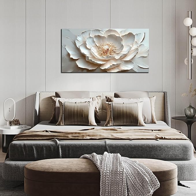 WDHCG Flower Art Wall Decor for Living Room - White/Pink/Beige Canvas Wall Art for Office - Modern Wall Decor for Bedroom Women Size 20 x 40 Inch