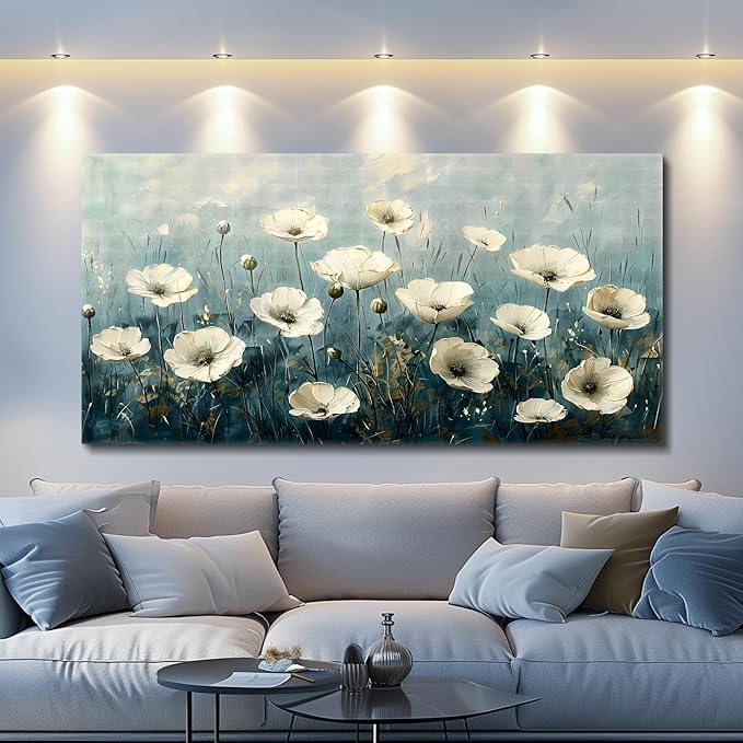 FUHAIHUA Canvas Wall Decor For Bedroom Large Wall Art For Living Room Office Decorations White Flowers Landscape Painting Modern Wall Pictures Aesthetics Posters Ready To Hang Home Decor 24x48 In
