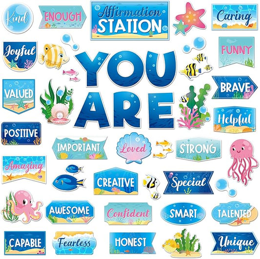 45 Pcs Ocean Affirmation Station Bulletin Board Set Motivational Posters Classroom Mirror Growth Mindset Decor Positive Affirmations Accents Cutouts for School Office Home Teacher Wall