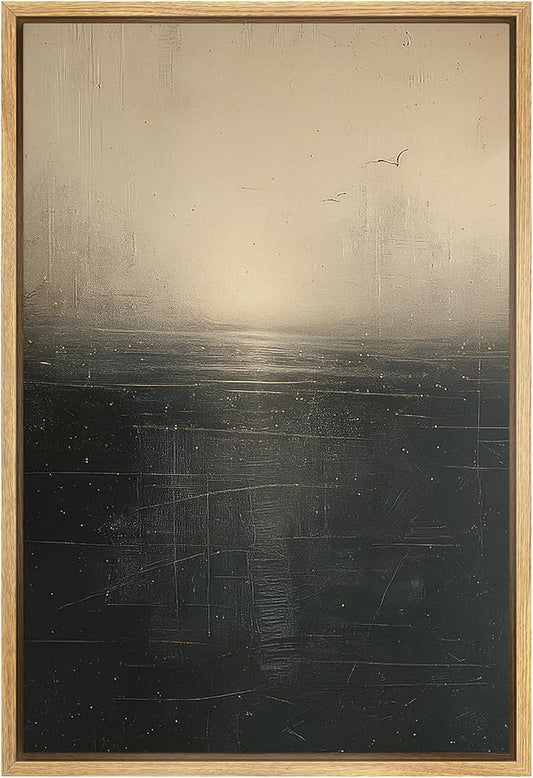SIGNFORD Framed Canvas Print Wall Art Seascape-Inspired Abstract with Sunset Glow and Flying Birds Illustrations Modern Art Decorative Zen Nordic for Living Room, Bedroom, Office - 24"x36" Natural