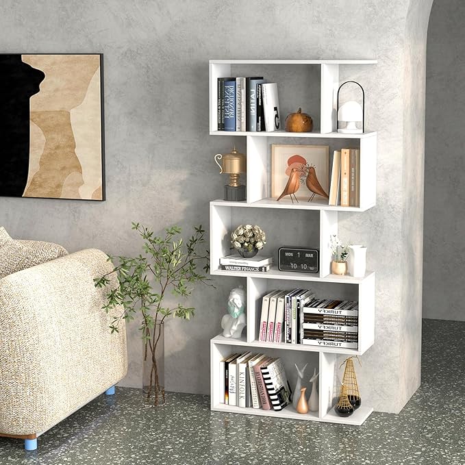 Tangkula 5-Tier Geometric Bookshelf, S Shaped Bookcase w/Anti-Toppling Device, Freestanding Room Divider, Industrial Home Office Decor Wood Open Storage Display Shelf for Living Room (2, White)