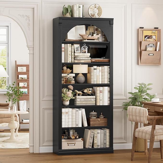 FACBOTALL 73" Tall Arched Bookcase and Bookshelf, Farmhouse Book Shelf with 6 Tiers Open Shelves, Arched Cabinet for Media CD DVD Storage, Wooden Tall Bookcase for Living Room, Home Office, Black