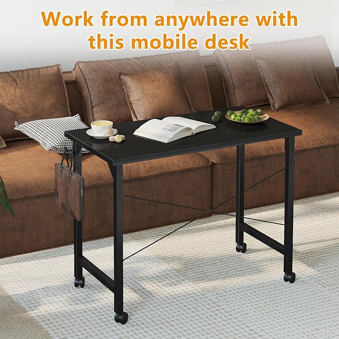 Grandder Rolling Computer 32 inch Desk with Wheels, Wroking Small Desk for Living Room, Modern Simple Style Table for Home Office, Study Writing Table, Caster, Black, 32 inch