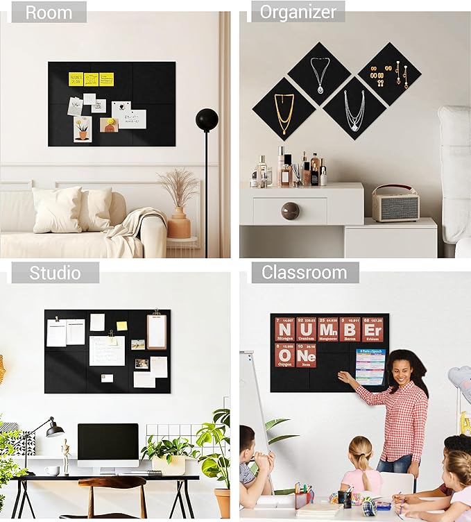 1/2" Thick Cork Board for Office, 6 Pack Felt Wall Tiles -28"x18" with Safe Adhesive Tabs, Large Bulletin Board, Push Pin Board Organizer Wall - Black