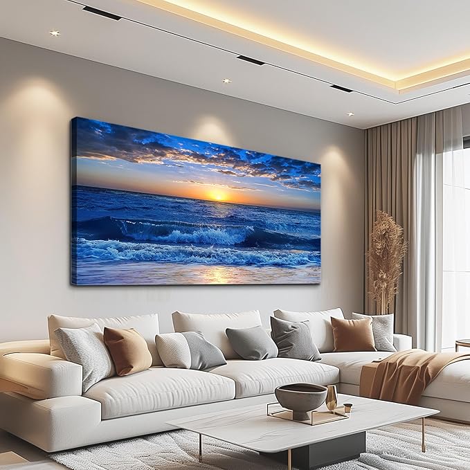 Canvas wall art for living room Blue Ocean Sea sun landscape painting bathroom Wall Decor Ready to Hang for Home Decorations office family bedroom kitchen Works canvas Prints pictures 30" x 60"inch