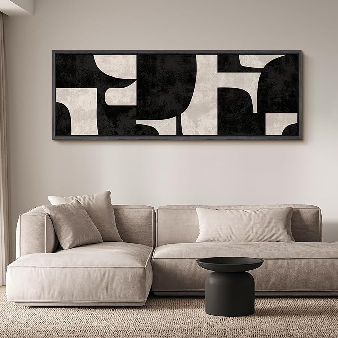 SIGNFORD Large Framed Canvas Black and Beige Geometric Abstract Mid-Century Illustrations Modern Art Calm Warm for Living Room, Bedroom, Office - 60"x20"