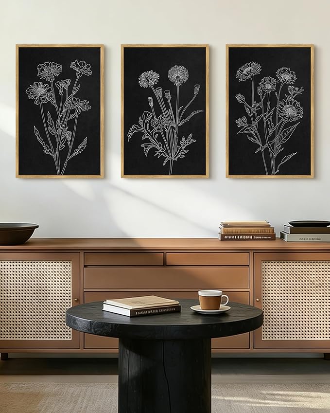 Drsoum Black White Flower Wall Art Vintage Minimalist Floral Wall Hanging Decor Bohemain Botanical Prints Artwork for Bedroom Living Room Hallway 16x24in Natural Framed