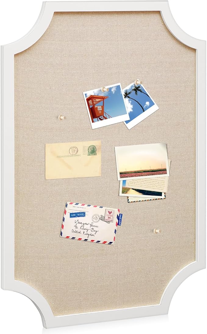 Vintage Framed Pin Board Linen Display Bulletin Board Large Cork Fabric Picture Photo Pinboard Memo Ornate Decorative Pinboard Ornate for Wall Gift(Scalloped,24'' X 36",Farmhouse White)