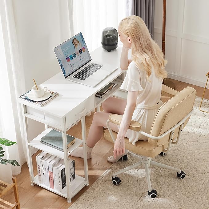 Sweetcrispy Computer Gaming Desk with Fabric Drawers - 48 Inch Home Office Bedroom Writing StudyTable with Storage Shelves Adjustable Feet PC Desk, White
