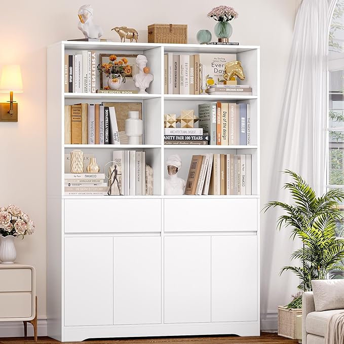 FINETONES 69" White Bookshelf with Doors, 47.2" Double Wide Bookshelves and Bookcases with Storage, Tall Bookshelf Large Open Book Shelf Standing Book Case for Home Office, White