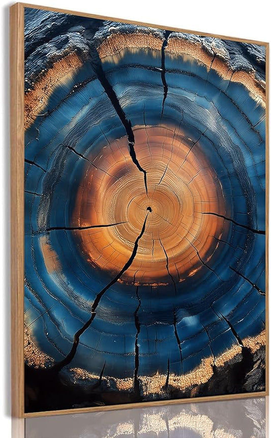 IBHJSART Framed Tree Ring Canvas Wall Art Blue Wall Art Wood Stump Painting Prints Modern Minimalist Pictures Neutral Nature Rustic Farmhouse Decor Living Room Bedroom Bathroom Office