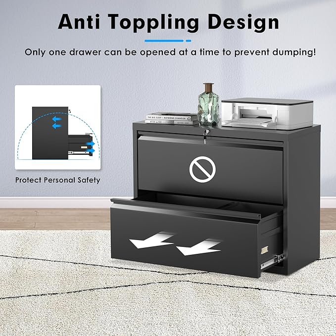 Pataku Lateral File Cabinet, 2 Drawer File Cabinet with Lock, Black Filing Cabinets for Home Office, Metal File Cabinet for Hanging Files/Letters/Legal/F4/A4