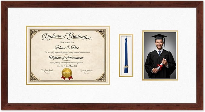Diploma Tassel and Photo Frame Rustic Walnut Shadowbox Oyster Shell Over Gold Mat - Fits 11.69 x 8.27 Degree Picture Made in the USA