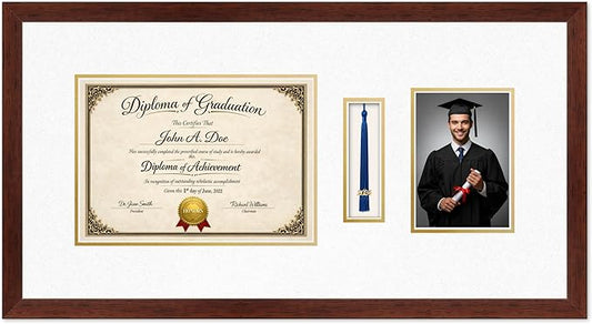 Diploma Tassel and Photo Frame Rustic Walnut Shadowbox Oyster Shell Over Gold Mat - Fits 11.69 x 8.27 Degree Picture Made in the USA