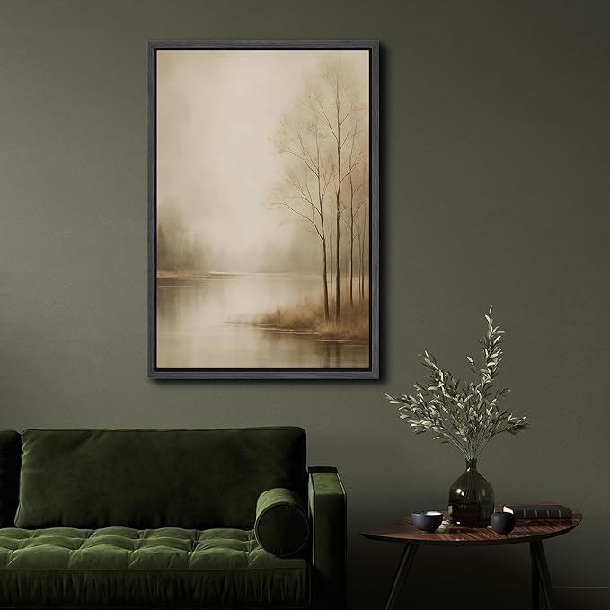 SIGNFORD Framed Canvas Print Wall Art Serene Foggy Lake Landscape with Bare Trees Illustrations Digital Art Modern Art Decorative Multicolor Rustic Minimal for Bedroom - 16"x24" BLACK