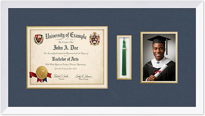 CountryArtHouse Diploma Tassel and Photo Shadowbox Fits 11 x 8.5 US Letter Certificate with Tassel H Bright White Genuine Hardwood with Navy Blue Over Metallic Gold Double mat