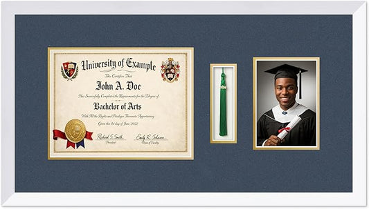 CountryArtHouse Diploma Tassel and Photo Shadowbox Fits 11 x 8.5 US Letter Certificate with Tassel H Bright White Genuine Hardwood with Navy Blue Over Metallic Gold Double mat